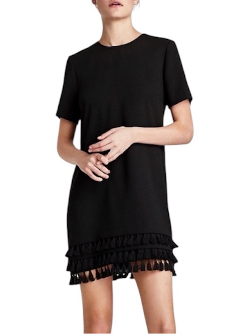 Zara Black Mini Dress with Pom Pom Fringe Hem